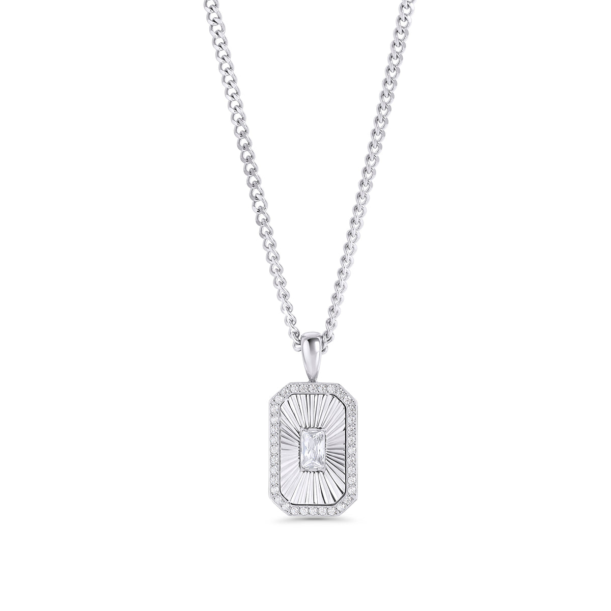 A silver chain necklace with a rectangular octagonal pendant featuring a fluted sunburst center, a baguette-cut clear stone and a pavé stone halo. Waterproof, stainless steel and allergy free. By MIAJWL.
Collier à chaîne argentée avec pendentif rectangulaire octogonal à motif rayonnant strié, serti d'une pierre transparente taille baguette et d'un halo de pierres pavées. Résistant à l'eau, en acier inoxydable et hypoallergénique. Par MIAJWL.