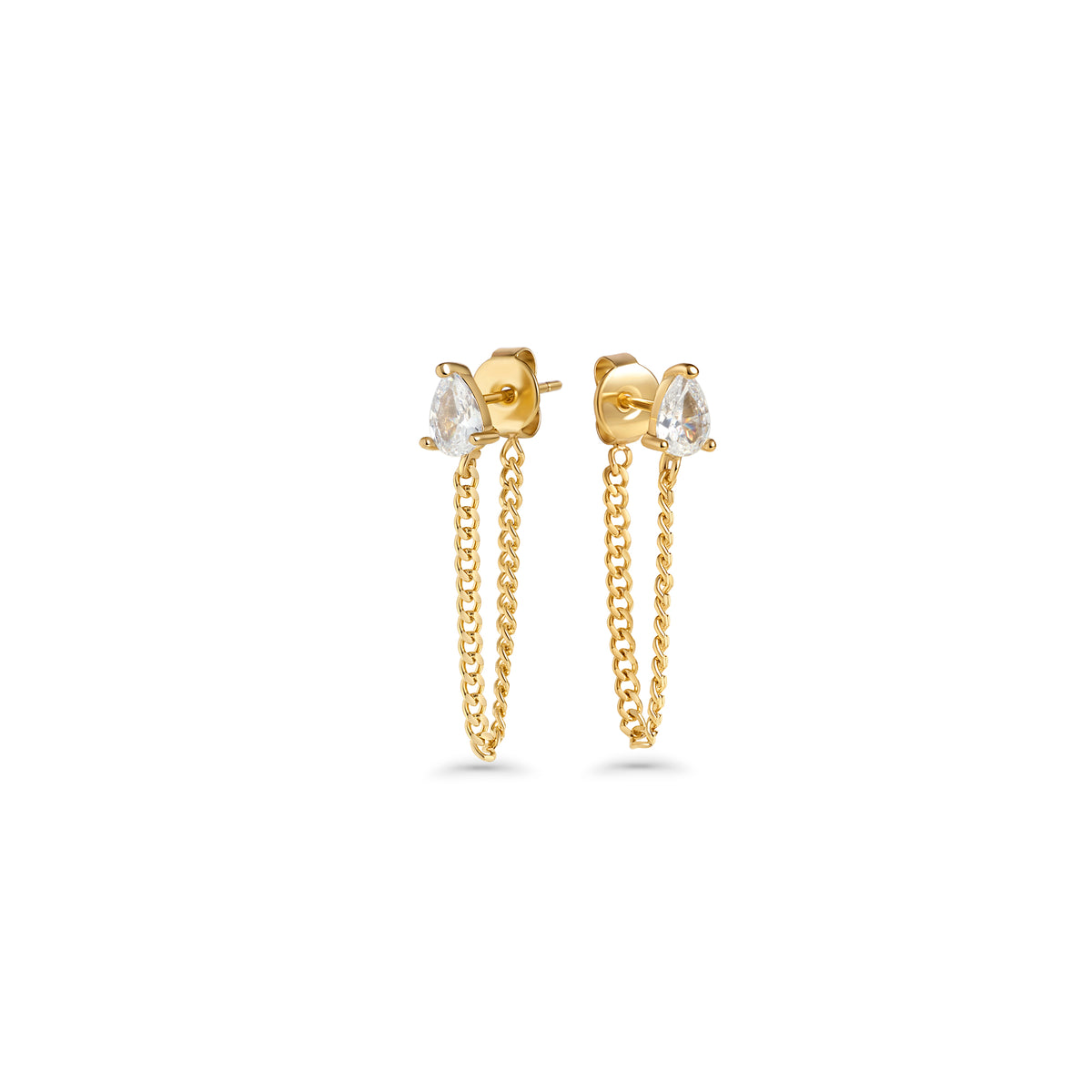 Gold stud earrings set with a pear-cut clear stone and a hanging chain on a white background. Nickel-free and waterproof jewelry by Mia Bijoux Canada.
Boucles d'oreilles dorées serties d'une pierre transparente taille poire avec chaînette suspendue sur fond blanc. Bijoux sans nickel et résistants à l'eau par Mia Bijoux Canada.