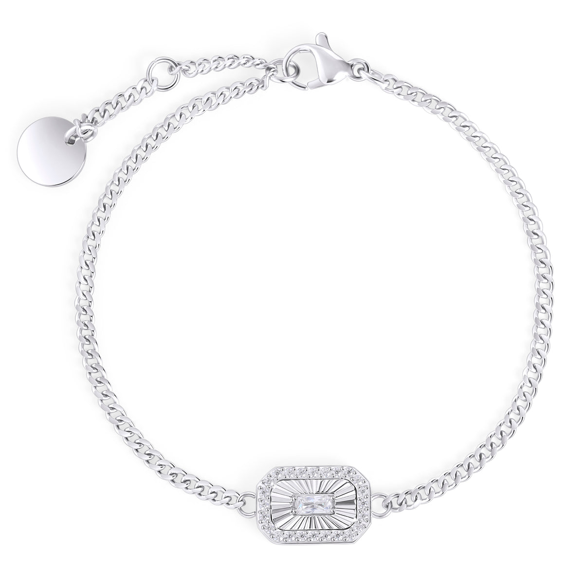 Silver chain bracelet with sunburst pendant and baguette zirconia. Nickel-free, waterproof & tarnish-resistant stainless steel bracelet for sensitive skin, minimalist luxury jewelry by Mia Bijoux Canada.
Bracelet argenté à maillons avec pendentif rayonnant et zircon baguette. Bracelet en acier inoxydable sans nickel, imperméable et anti-ternissement pour peaux sensibles, bijouterie de luxe minimaliste par Mia Bijoux Canada.