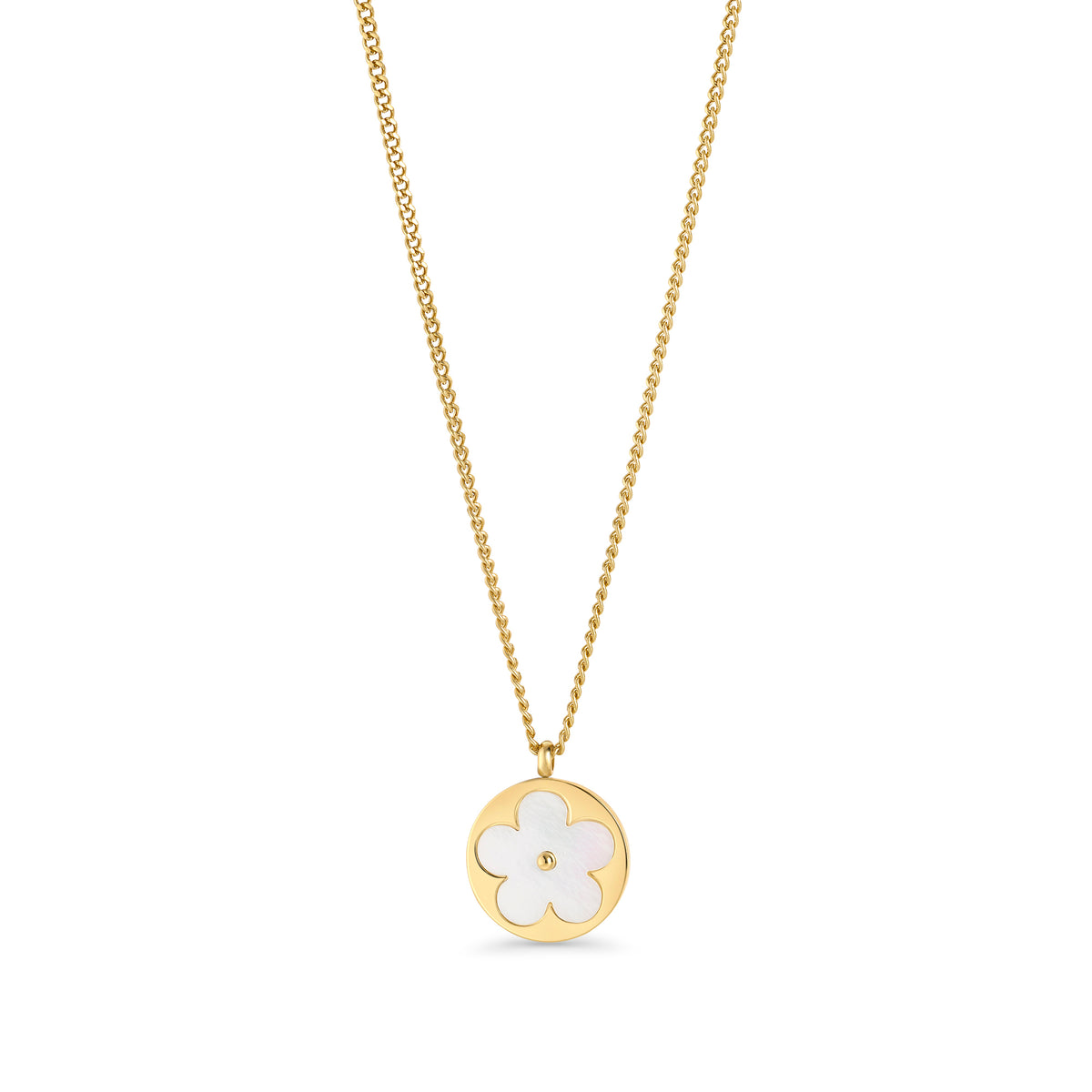 Gold chain necklace with a round mother-of-pearl flower pendant on a white background. Waterproof, stainless steel and allergy free. By Mia Bijoux Canada.

Collier à chaîne dorée avec pendentif rond à fleur blanche nacrée sur fond blanc. Résistant à l'eau, en acier inoxydable et hypoallergénique. Par Mia Bijoux Canada.