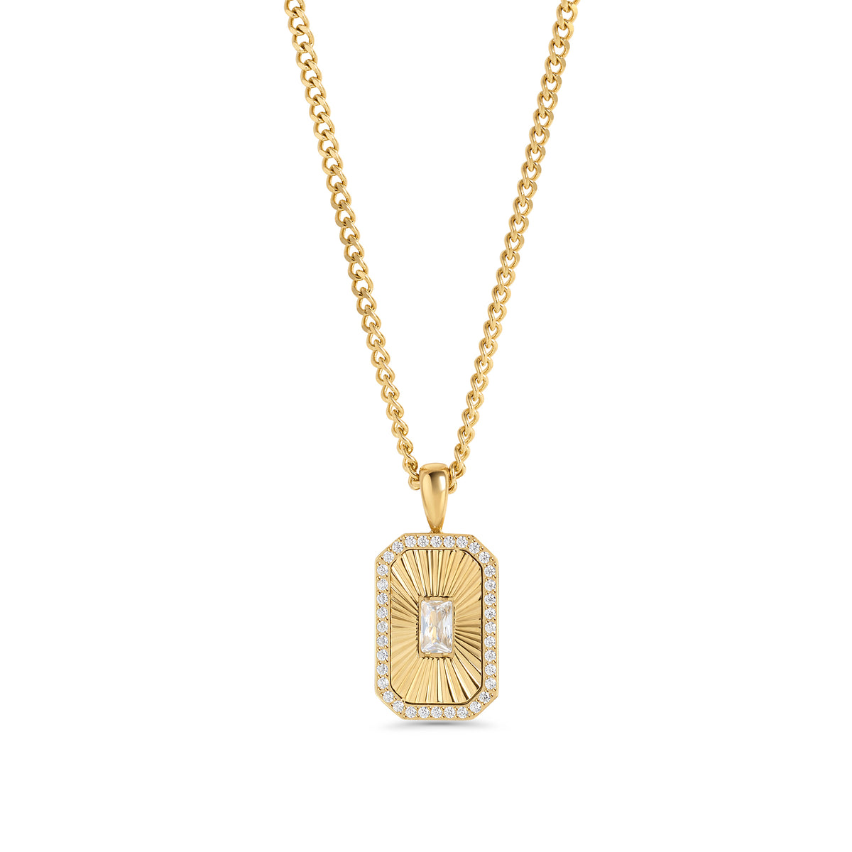 A gold chain necklace with a rectangular octagonal pendant featuring a fluted sunburst center, a baguette-cut clear stone and a pavé stone halo. Waterproof, stainless steel and allergy free. By MIAJWL.

Collier à chaîne dorée avec pendentif rectangulaire octogonal à motif rayonnant strié, serti d'une pierre transparente taille baguette et d'un halo de pierres pavées. Résistant à l'eau, en acier inoxydable et hypoallergénique. Par MIAJWL.