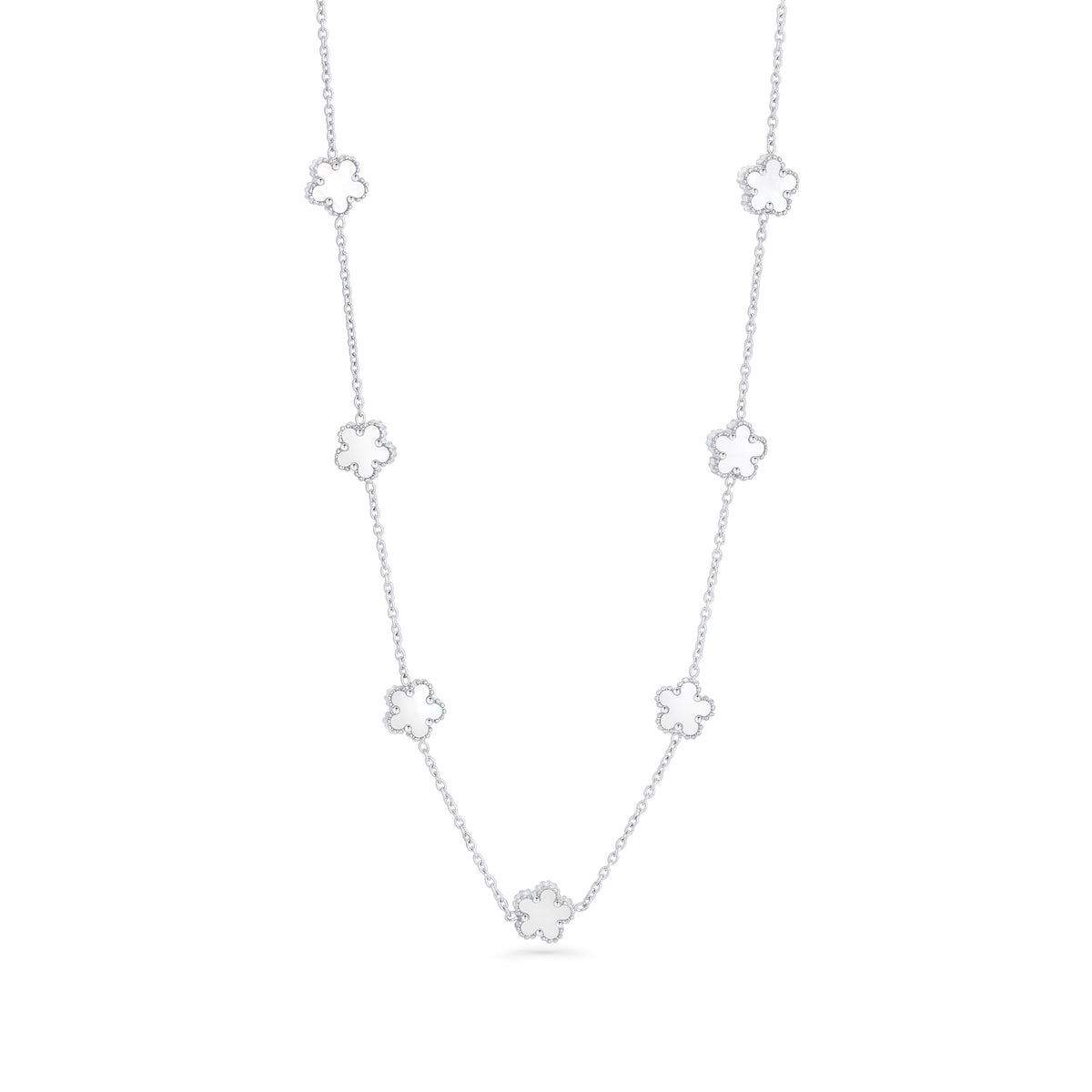 A silver chain necklace with white mother-of-pearl flower charms spaced along the chain, shown on a clean white background. Waterproof, stainless steel and allergy free. By MIAJWL.

Collier à chaîne argentée orné de fleurs blanches nacrées réparties le long de la chaîne, présenté sur fond blanc épuré. Résistant à l'eau, en acier inoxydable et hypoallergénique. Par MIAJWL.