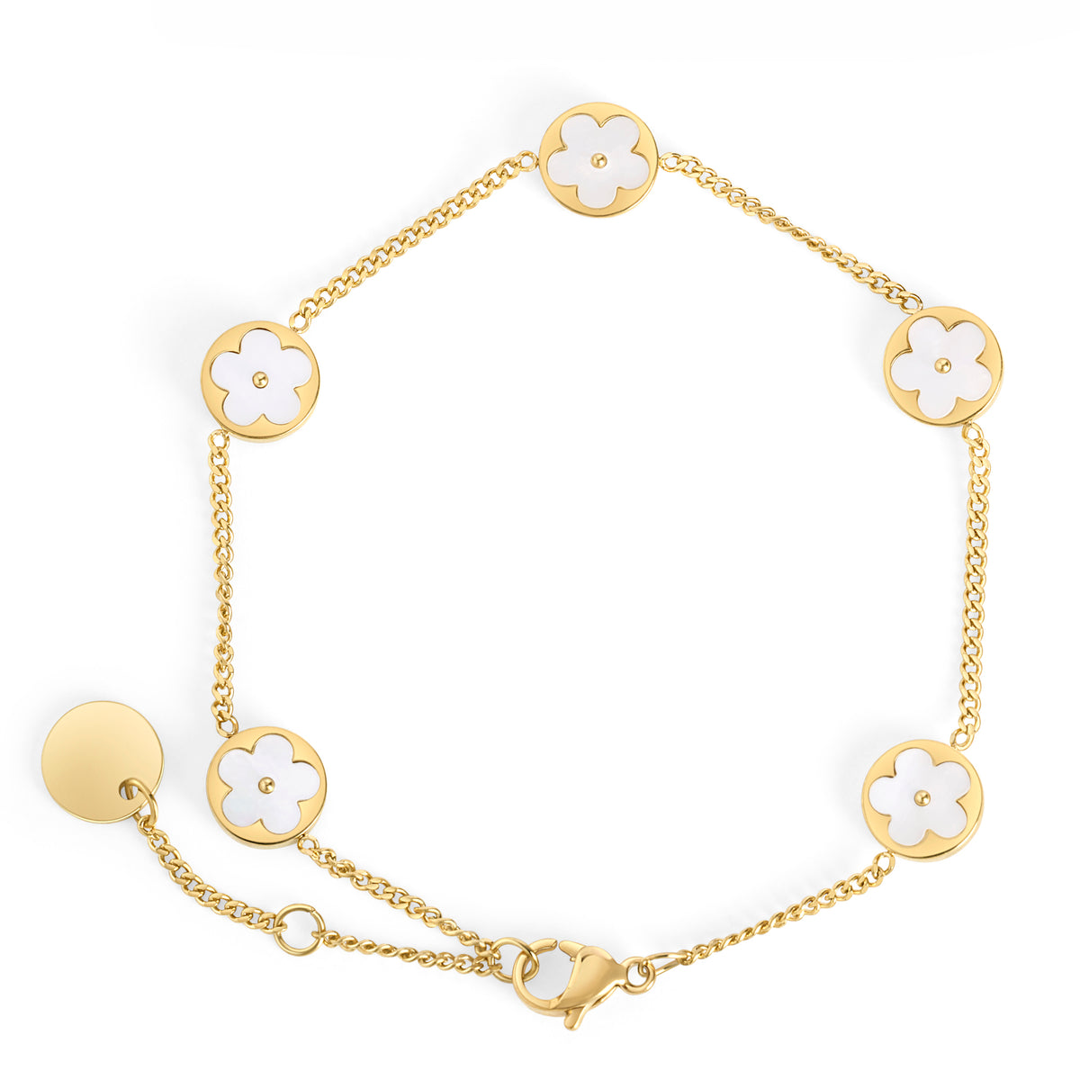 Gold chain bracelet with five round mother-of-pearl flower charms on a white background. Waterproof, stainless steel and allergy free. By Mia Bijoux Canada.

Bracelet à maillons doré orné de cinq pastilles rondes à fleur en nacre sur fond blanc. Résistant à l'eau, en acier inoxydable et hypoallergénique. Par Mia Bijoux Canada.