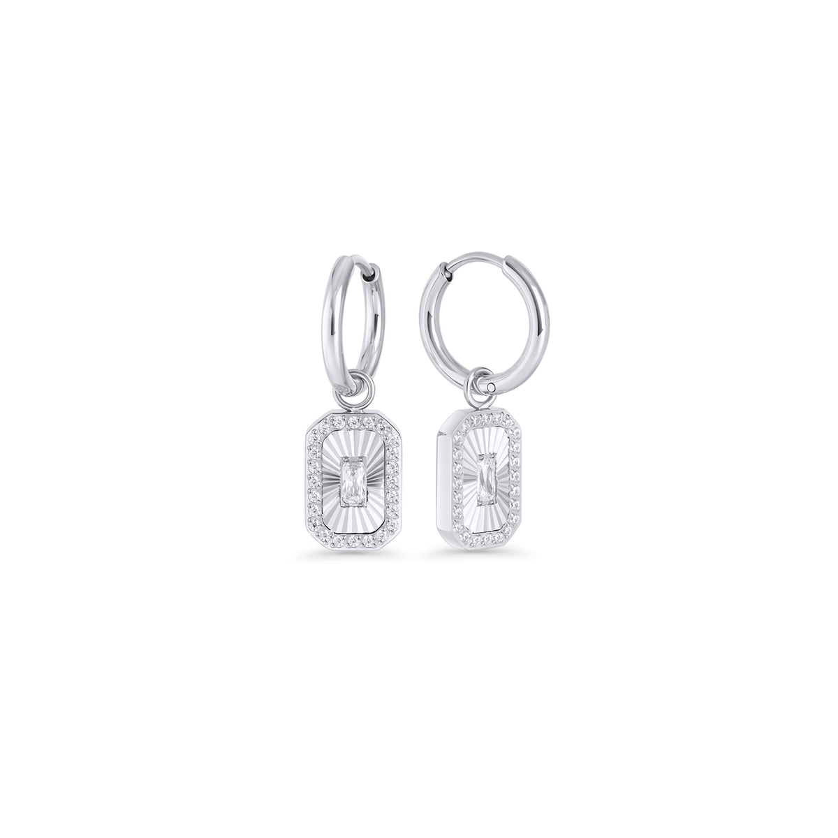 Silver hoop earrings with a rectangular octagonal pendant featuring a fluted sunburst center and baguette cubic zirconia on a white background. Nickel-free and waterproof jewelry by Mia Bijoux Canada.

Boucles d'oreilles anneaux argentées avec pendentif rectangulaire octogonal à motif rayonnant strié et zircon taille baguette sur fond blanc. Bijoux sans nickel et résistants à l'eau par Mia Bijoux Canada.