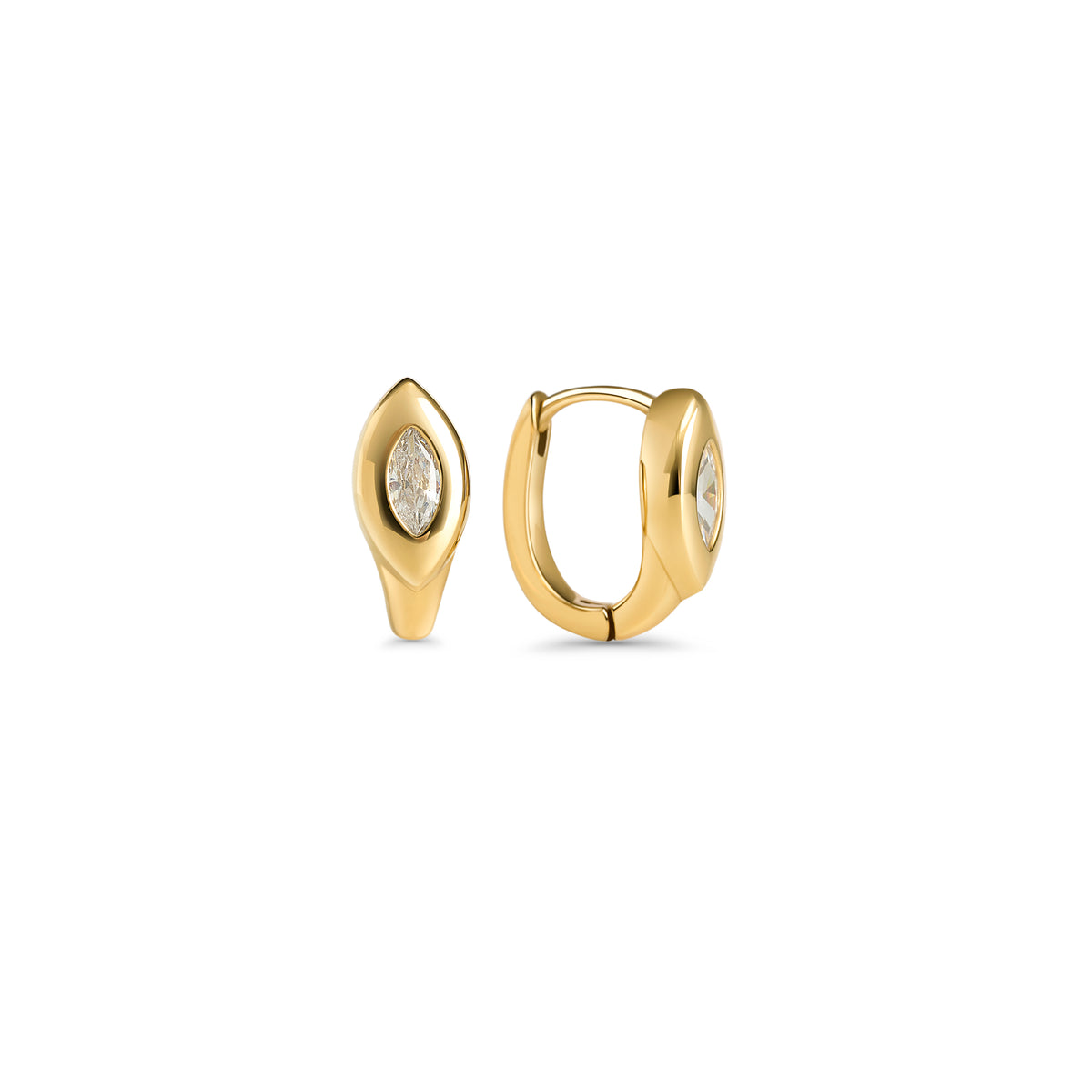 Gold huggie hoop earrings set with a marquise-cut clear stone on a white background. Waterproof & tarnish-resistant stainless steel earrings for sensitive skin, minimalist luxury jewelry by Mia Bijoux Canada.

Boucles d'oreilles anneaux dorées serties d'une pierre transparente taille marquise sur fond blanc. Boucles d'oreilles résistantes à l'eau et anti-ternissement pour peaux sensibles, bijouterie de luxe minimaliste par Mia Bijoux Canada.